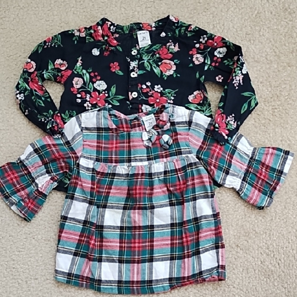 2 Carter's Tops Girls 2T Summer Party Plaid Floral Cotton Red Black Green White